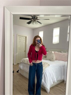 Garage Hot Pink Fuzzy Tie-Front Cardigan